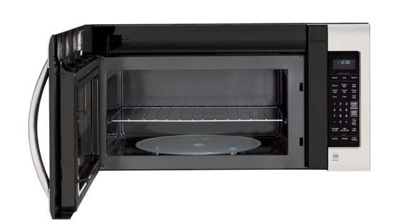 microwave with a metal rack